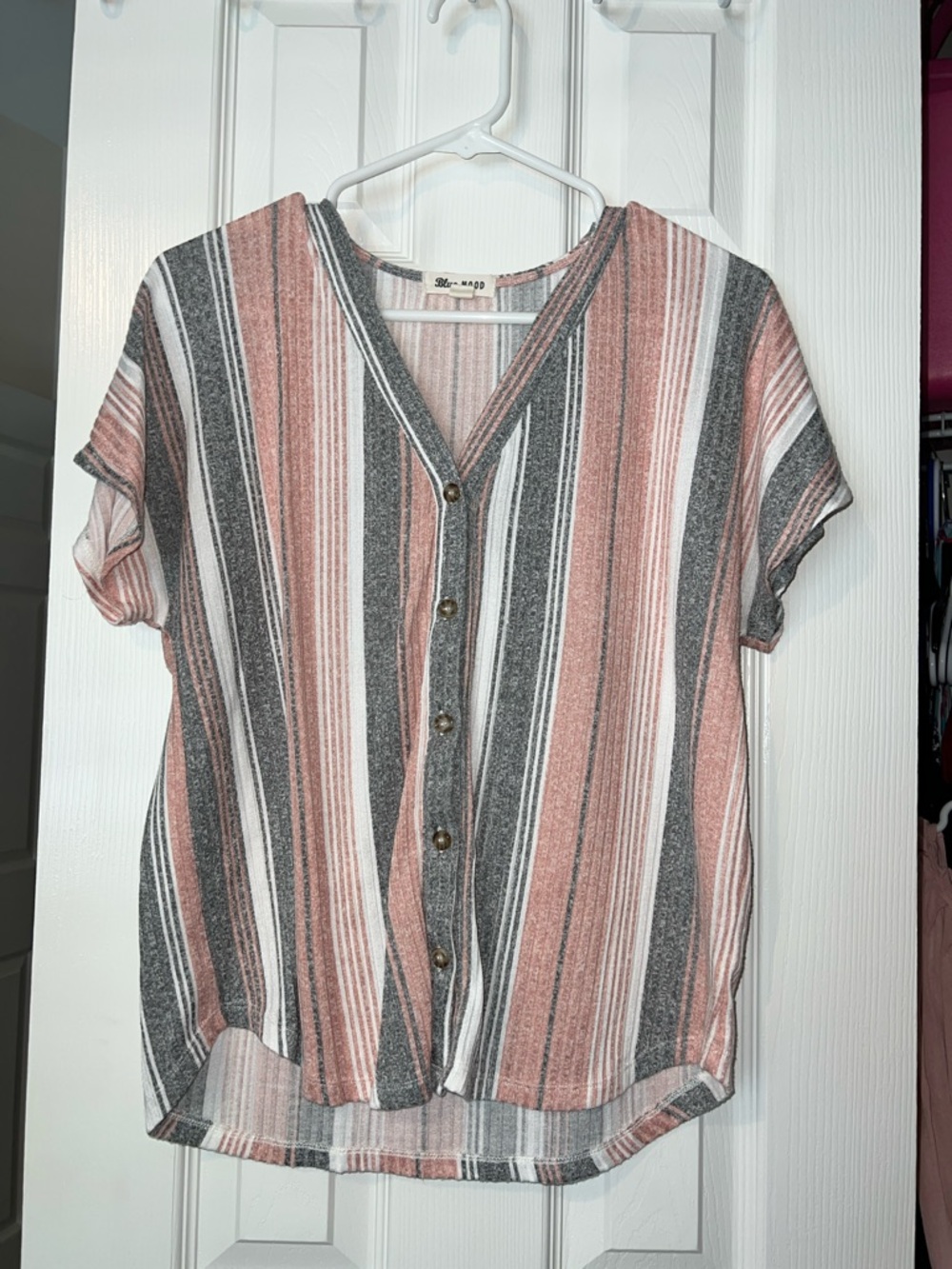 Striped Button-Front V-Neck Top in Dusty Rose and Gray